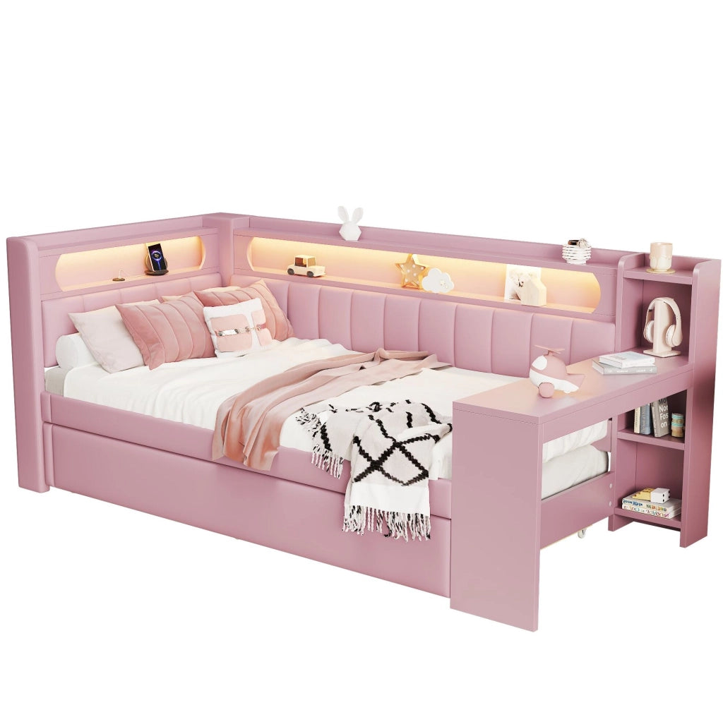 Letto singolo imbottito 90x200 cm con LED, USB e scrittoio