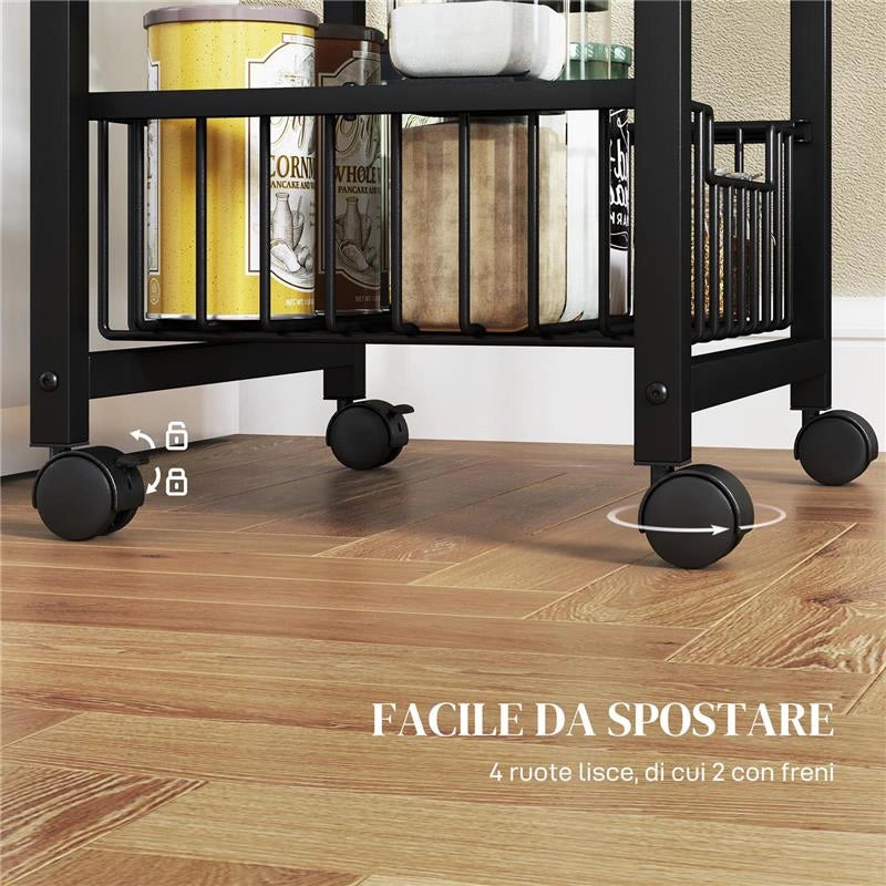 CARRELLO DA CUCINA A 3 CESTELLI CON MANIGLIA, IN ACCIAIO E LEGNO, 49.5X31X69 CM, NERO E GRIGIO CHIARO