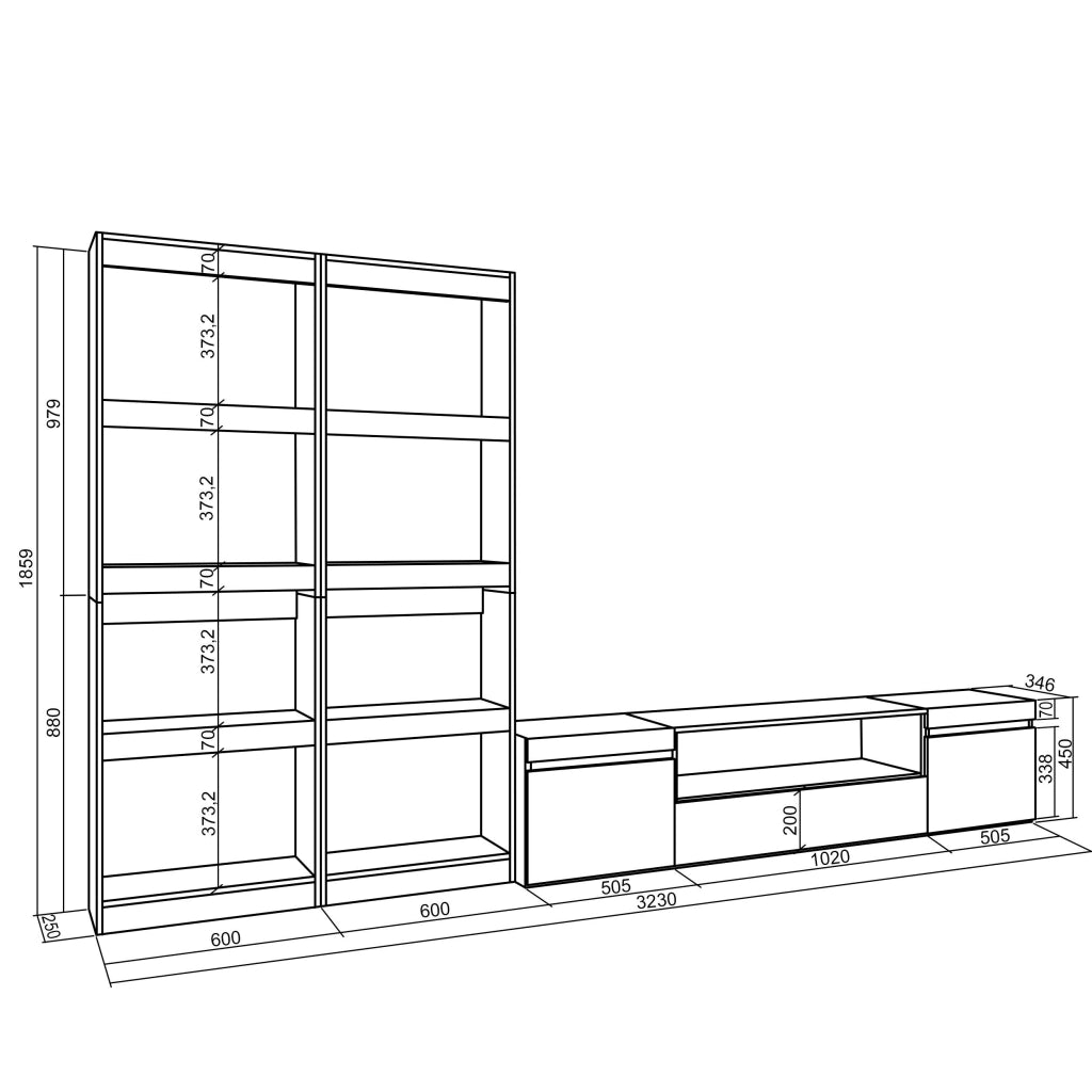 Mobile TV, Soggiorno, 320x35x186cm, Per TV fino a 80", Set di mobili, grigio cemento RF2605