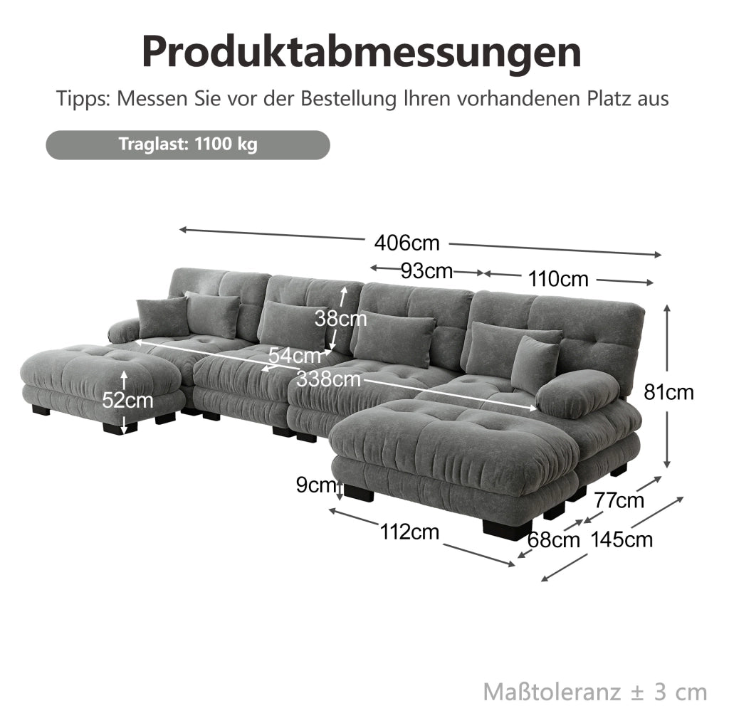 Divano angolare modulare a forma di U 4 posti in chenille grigia con pouf mobile