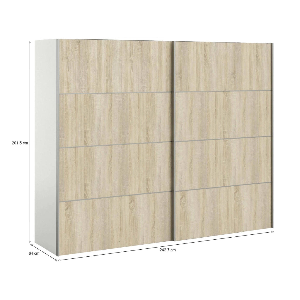 Guardaroba 2 ante Acerno, Mobile camera da letto, Cabina armadio portabiti, Armadio appendiabiti, 243x64 h202 cm, Bianco e Quercia