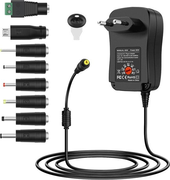 Cavo alimentatore universale - alimentazione 12V 9V 7.5V 6V 5V 4.5V 3V e 5V 2.1A - porta USB con 8 connettori DC - alimentatore universale per Router/Speaker/Miniventilatore/LED-Stripverlichting