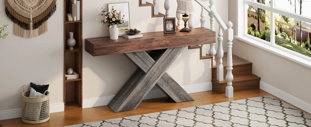 Consolle con struttura a croce a X e piano in truciolare, per ingresso e soggiorno, noce, 140 × 30 × 80 cm