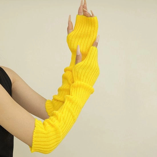 Mouwen per donna, lunghe sciarpe imbottite a manopola senza dita con fori per l'indice, gialle