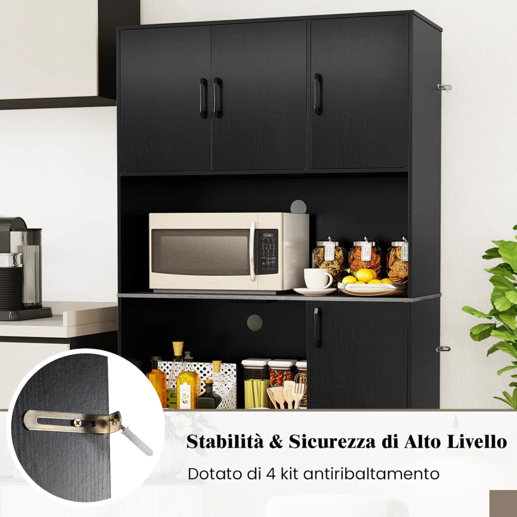 Armadio Dispensa Alto 180 cm, Credenza da Cucina con Presa di Corrente e 4 Ante, per Cucina, Sala da Pranzo e Soggiorno, 100 x 40 x 180 cm (Nero)