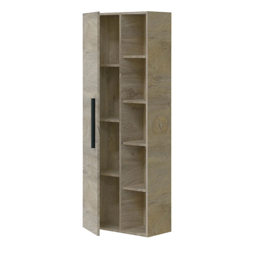 Colonna Bagno Achisa, Mobile a colonna per bagno a 1 anta, Armadio pensile sospeso con 5 ripiani, cm 51x25h135, Rovere