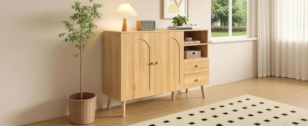 Credenza e madia con 2 ante 2 cassetti e vani aperti per soggiorno sala da pranzo e ingresso naturale 118 × 35 × 82 cm