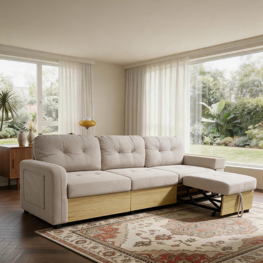 Divano angolare modulare con chaise longue estraibile USB contenitore e bracciolo con ripiano in velluto beige per soggiorno
