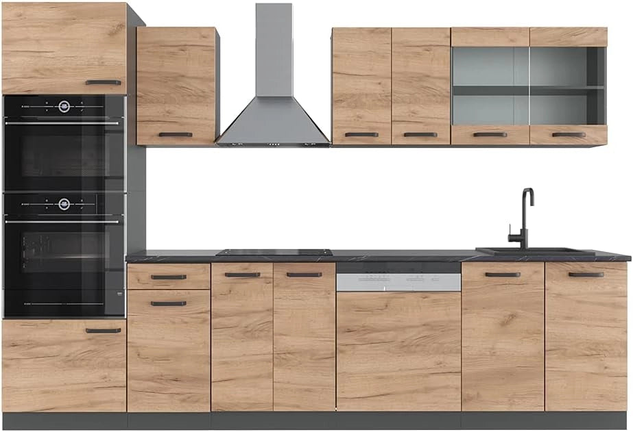 Cucina componibile R-Line, Quercia dorata, 300 cm con armadio alto, senza piano di lavoro, adatto per combinazioni ed espansioni personalizzate