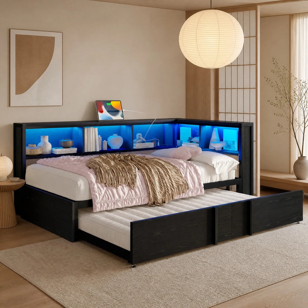 LETTO Con letto estraibile 90x200 cm Metallo e MDF Nero con vani contenitore