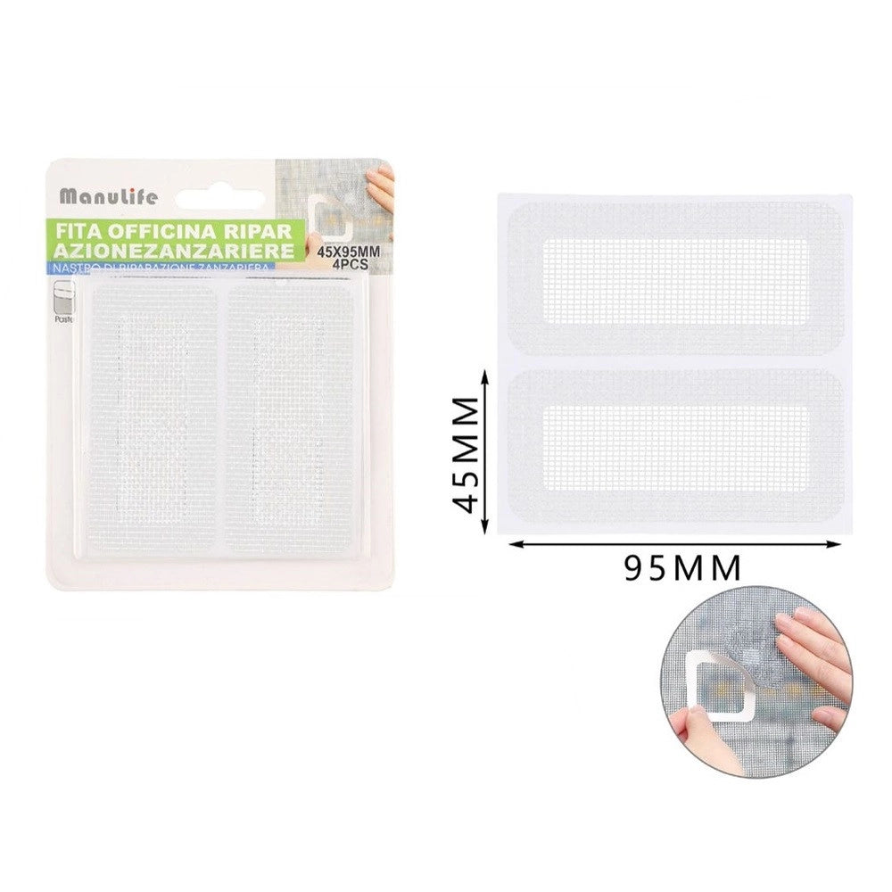 Trade Shop - Set 4 Toppe Adesive A Rete Bianca Per Riparazione Fori Strappi Zanzariere 45x95mm 622152 -