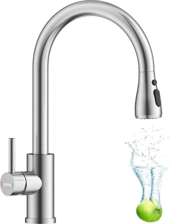 Cranio da cucina moderno con spruzzatore retrattile e alta pressione - 360° girevole, acciaio inossidabile, 3 modalità di spruzzo