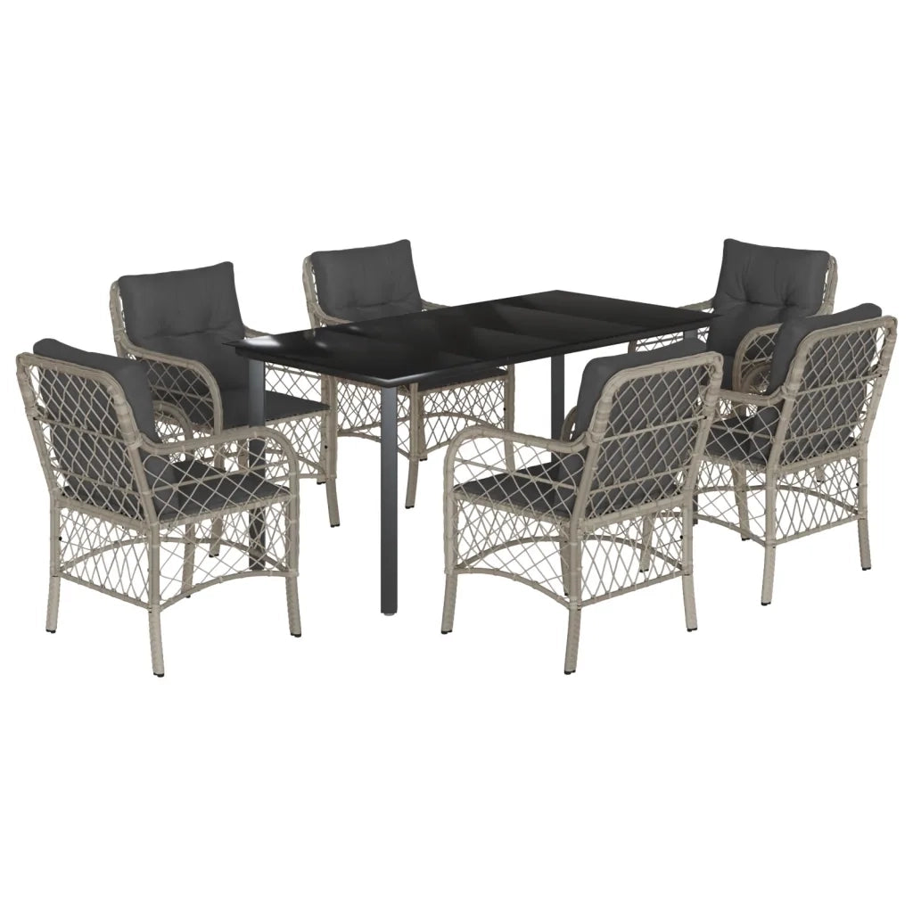 Set da Pranzo da Giardino 7 pz Cuscini Polyrattan Grigio Chiaro