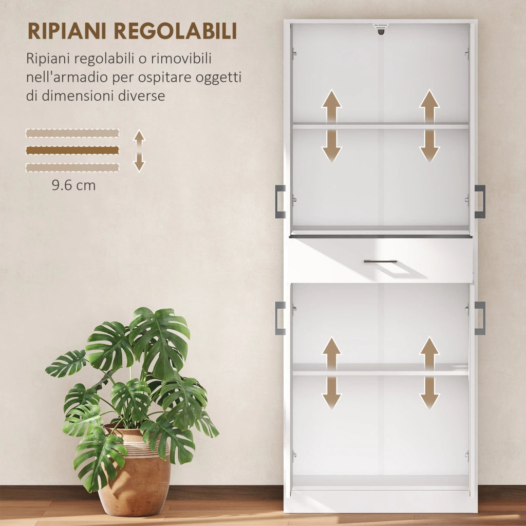 Credenza Cucina Alta con 2 Armadietti e un Cassetto Centrale. Ripiani Regolabili e 4 Ante Totali. Bianco