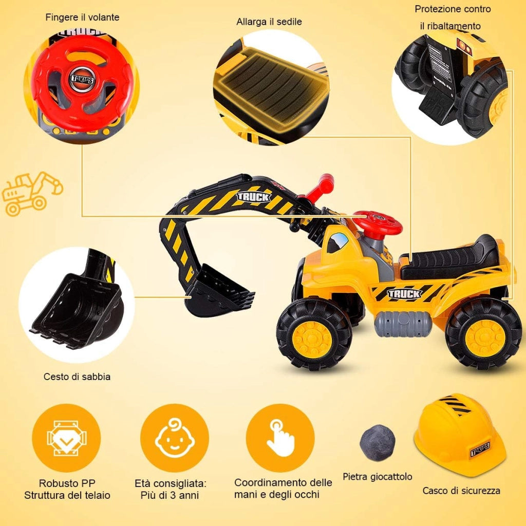 Ruspa Elettrica Multifunzione per Bambini, Escavatore Giocattolo Cavalcabile Elettrica, con Pietra ed Casco, Regalo per Bambini 3 Anni+, 89x45x30 cm