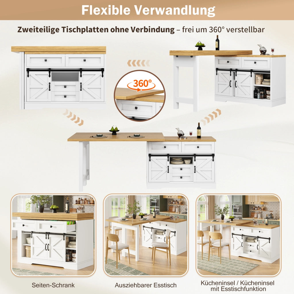 TAVOLO isola cucina 2 in 1 120-197 cm MDF bianco