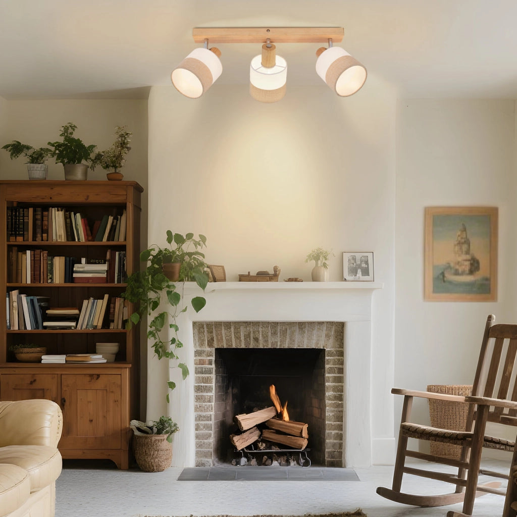 ZMH Faretto da soffitto vintage 3 luci E14 legno tessuto orientabili 350° max 25W senza lampadina