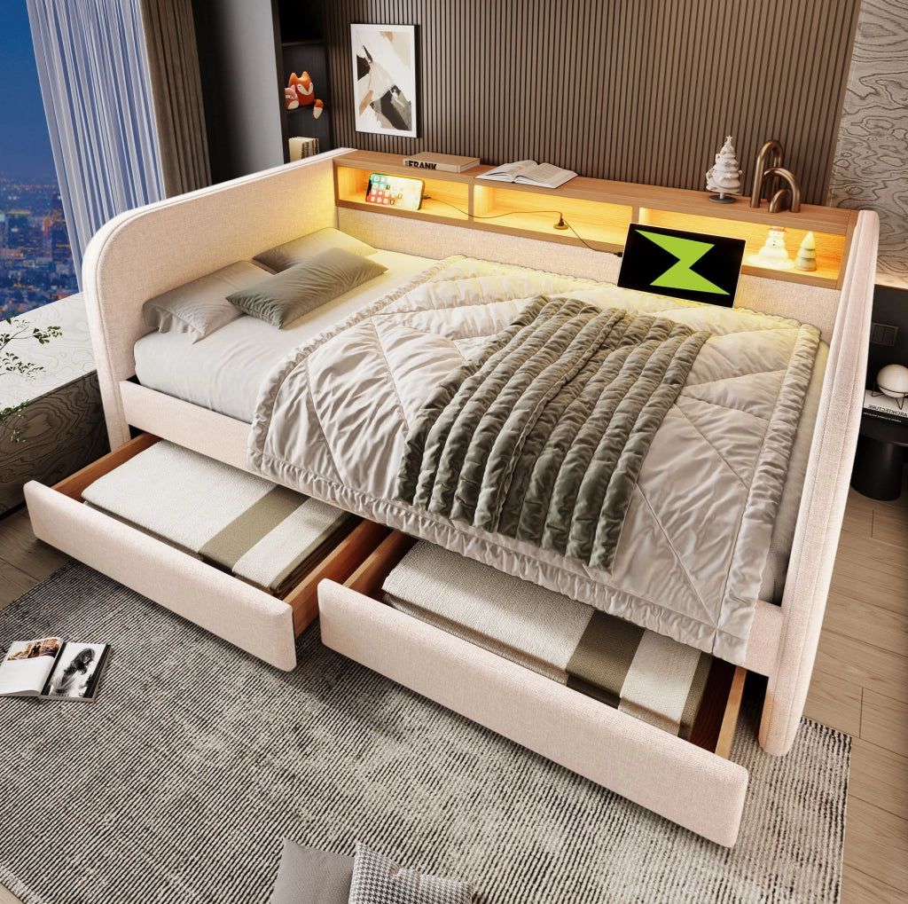 Letto imbottito 140x190 cm con LED, USB-C, 2 cassetti e testiera contenitore beige