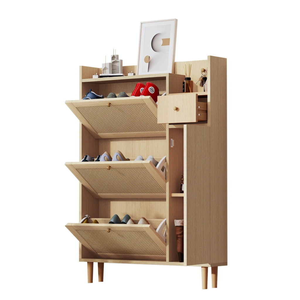 Scarpiera con 3 Ante a Ribalta e 1 Cassetto; con Gambe in Legno Massello; in MDF; 90×17×125 cm; Naturale