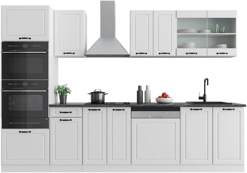 Cucina componibile R-Line, Bianco casa di campagna, 300 cm con armadio alto, PL Marmo, con moduli disposti in modo variabile e piedini regolabili in altezza