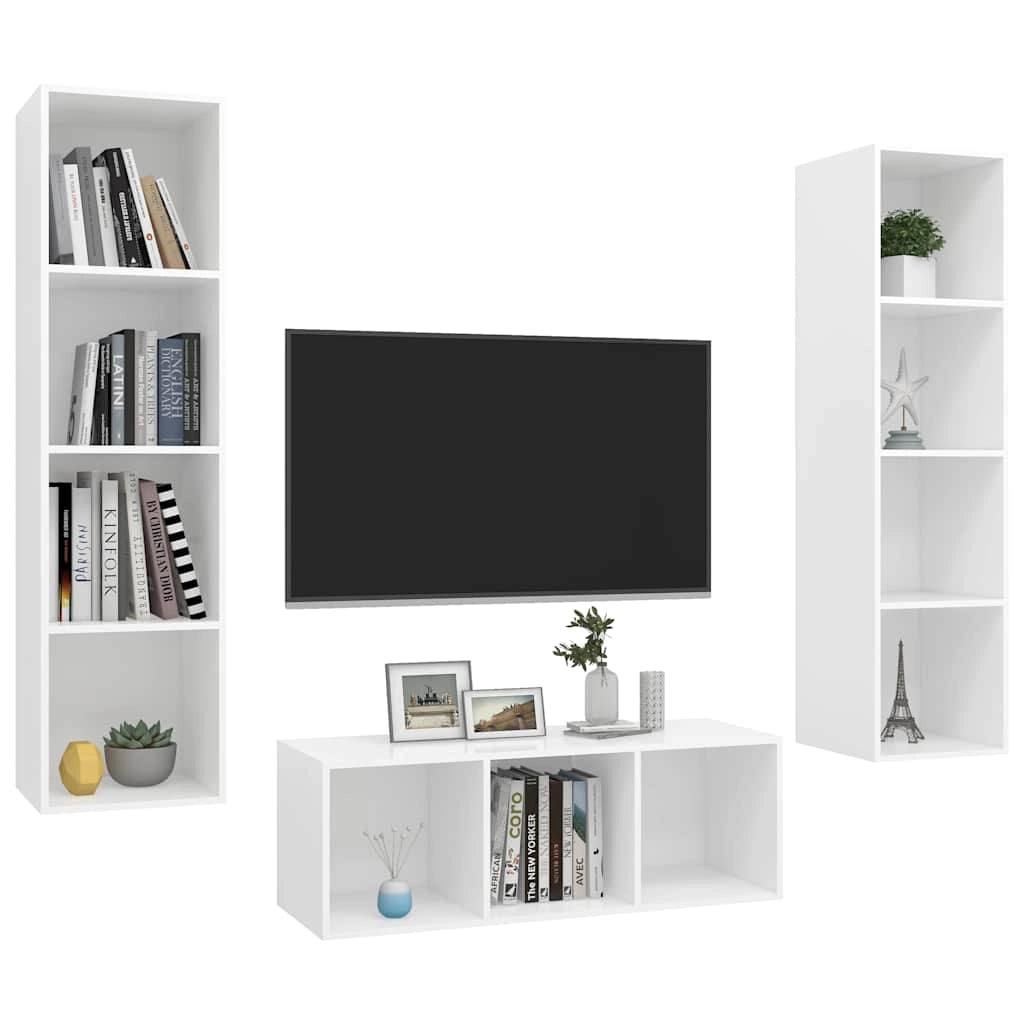 Set Mobile TV 3 pz-Set di 3 Credenza per TV Bianco in Truciolato 674009