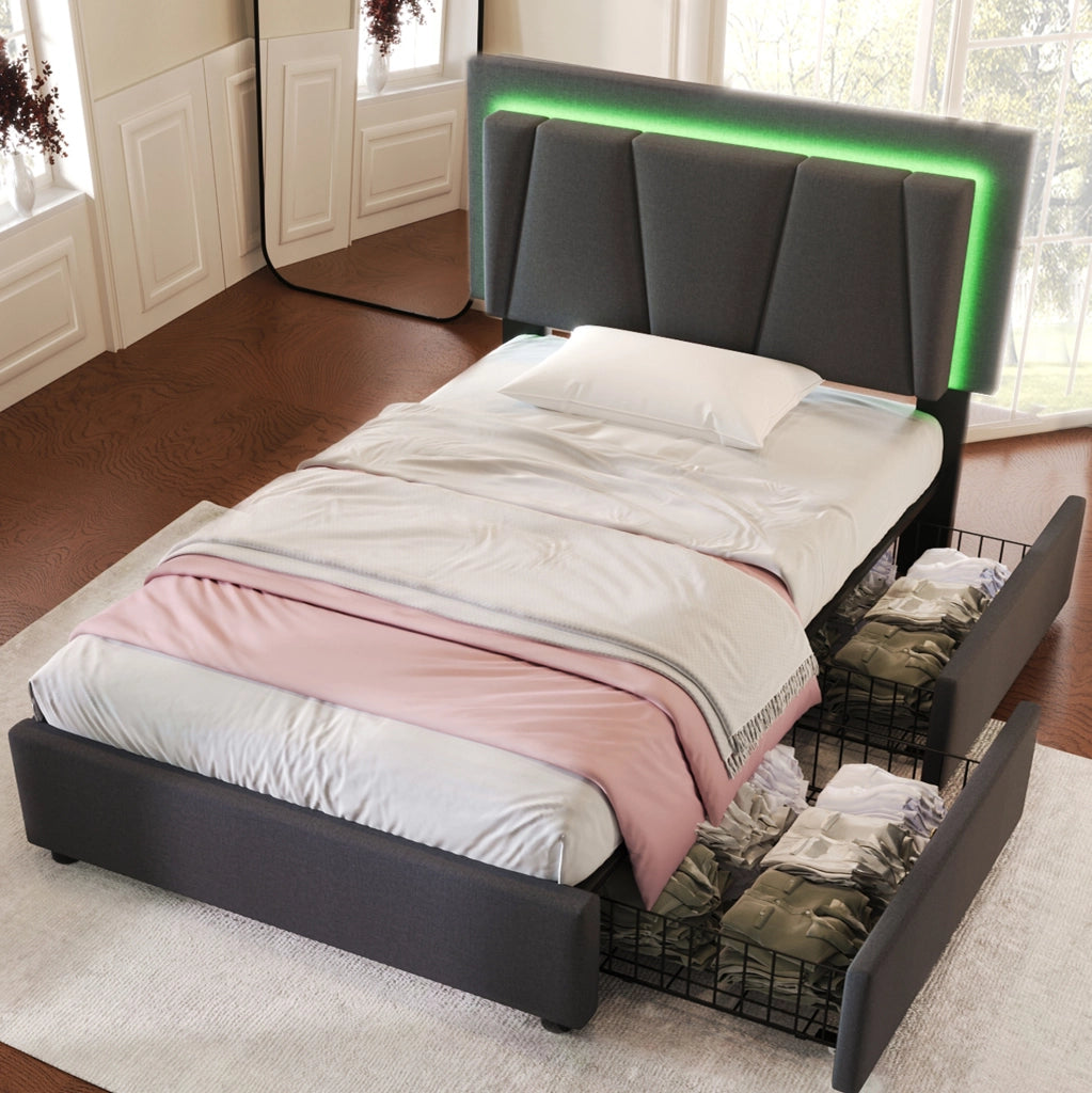 Letto singolo imbottito 90x200 cm con LED; 2 cassetti e testiera regolabile; grigio