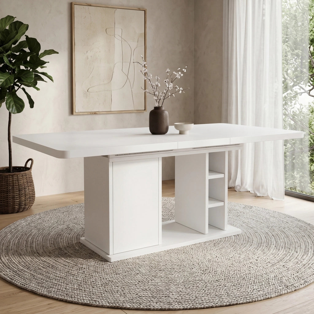 Tavolo da pranzo - estraibile 140/180x80 cm - con vano - per 6-8 persone - stile scandinavo - bianco