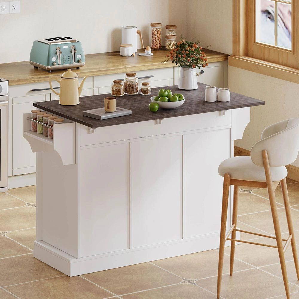 Isola cucina con piano ribaltabile - Xylo - 120¡Á45(70)¡Á91 cm - Bianco - Carrello con ruote, 2 ante scorrevoli, 2 cassetti