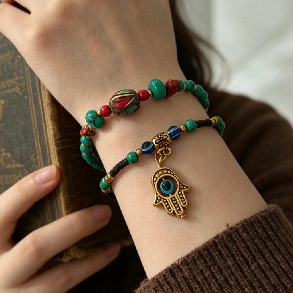 Bracciale vintage in turchese con perline di rame intrecciate a mano