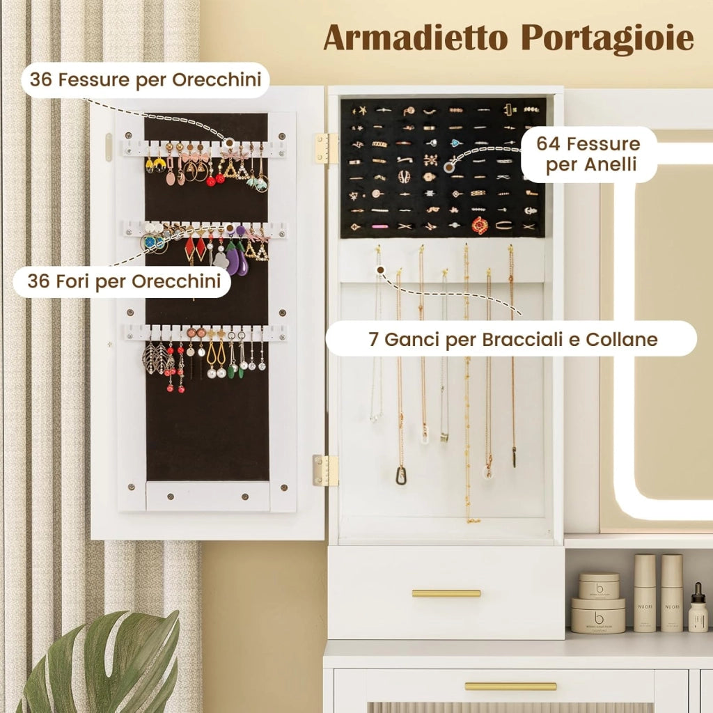 Toeletta da Trucco con Luci, Set Tavolo e Sgabello da Trucco con Stazione di Ricarica, Luci LED a 3 Colori, 3 Cassetti, Armadietto per Gioie, Supporto per Asciugacapelli (Modello 2)
