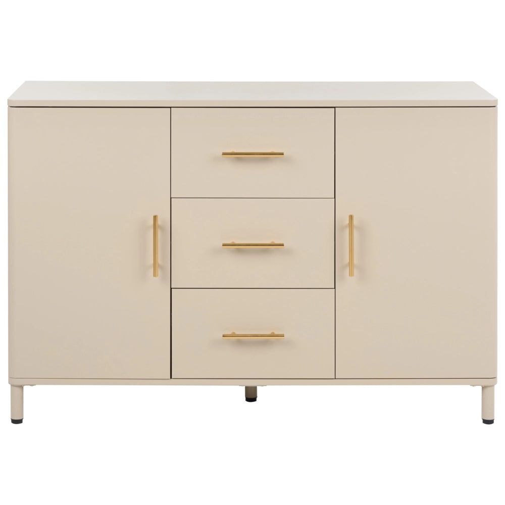 Credenza in acciaio color beige con cassetti, angoli arrotondati e maniglie dorate
