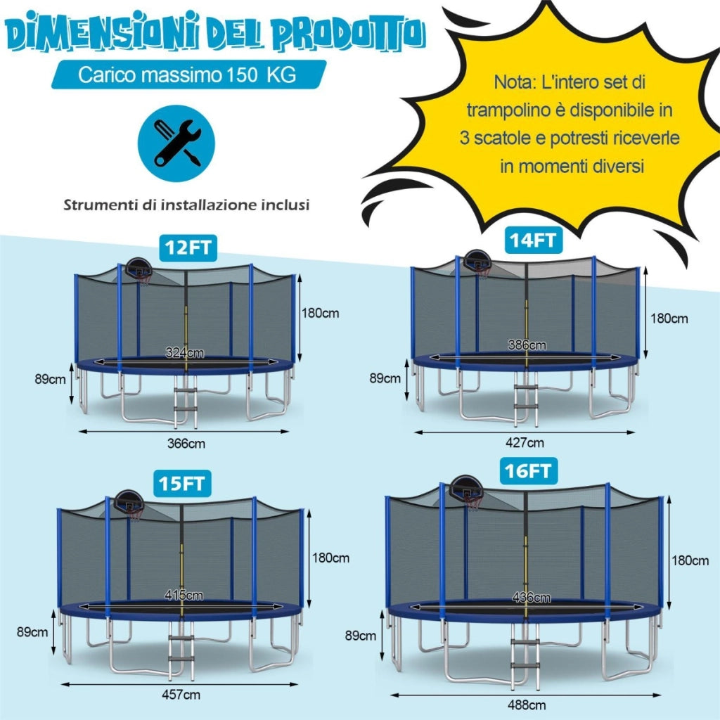 Trampolino con canestro rete di protezione tappetino di sicurezza 72 molle, Trampolino per bambini e adulti-Trampolini