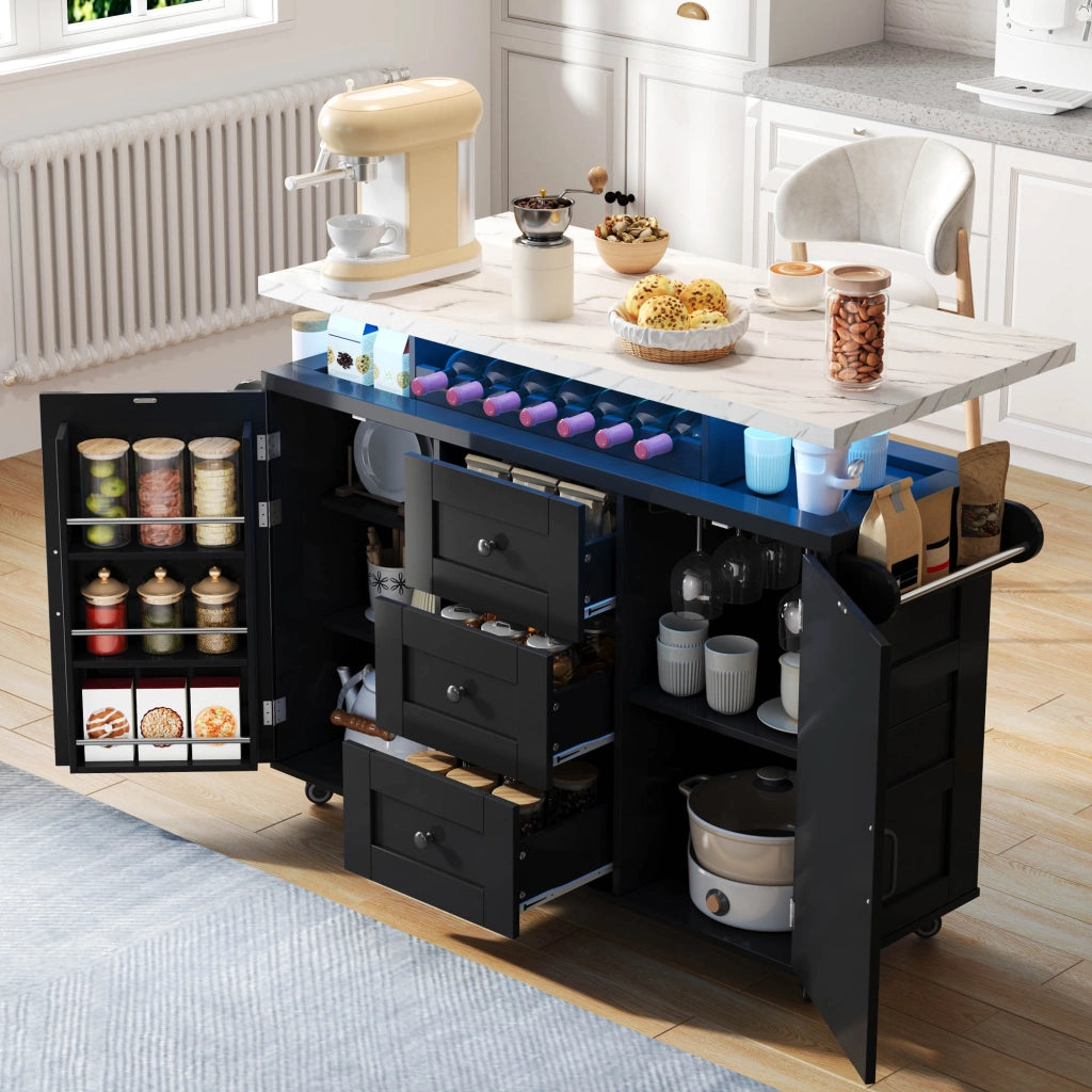 Carrello da Cucina con 2 Ante e 3 Cassetti; LED; Piano Ribaltabile; Portabicchieri e Portabottiglie; MDF