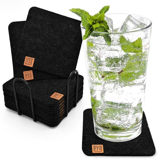 Sostegni per tazze e bicchieri, set da 12 + contenitore | Materiali ecocompatibili Oekotex per tazze, bicchieri, candele, coppe, bar e bicchieri | Decorazione da tavola | Nero