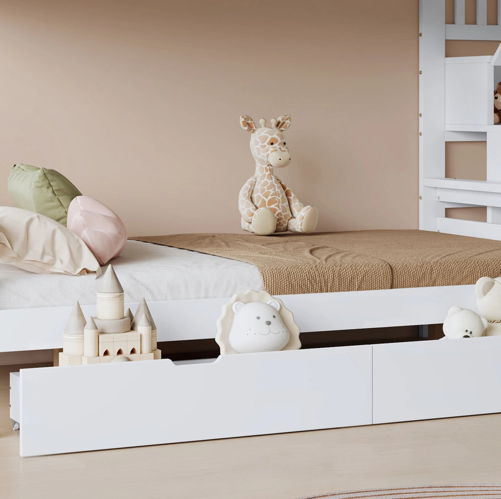Letto a castello per bambini con 2 cassetti e scala ad angolo; per materassi 90x200 cm e 120x200 cm; bianco e naturale