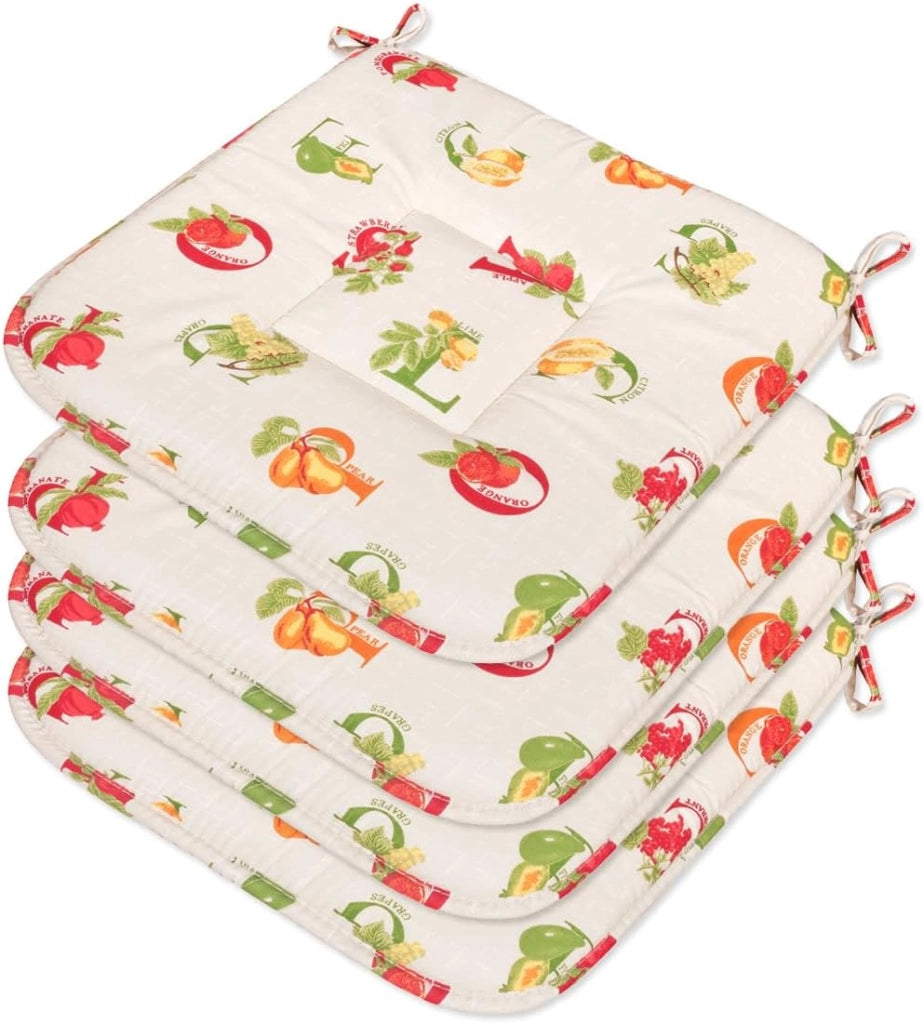 Set 4 Cuscini Sedia Cotone Lettere & Frutta Lavabili Coprisedie Universali Con Lacci Fissaggio