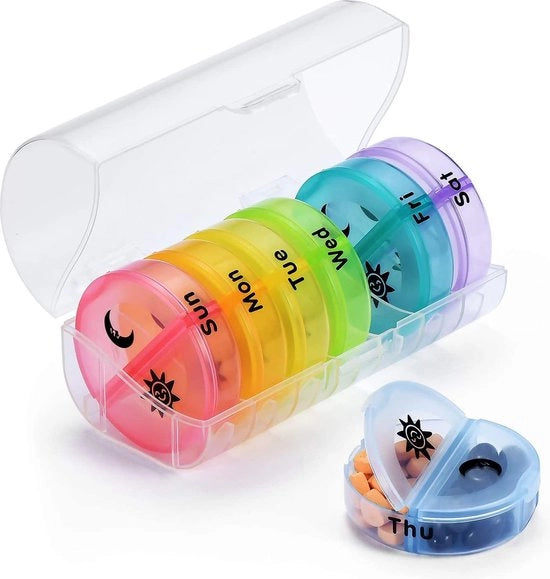 Pillendoos 2 Compartimenti Colori dell'Arcobaleno - Adatto a Bambini e Anziani - Incluso Scatola da Viaggio