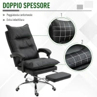 Poltrona da Ufficio in Finta Pelle Nera, Sedia Direzionale Altezza Regolabile con Schiena Alta Reclinabile 155° e Poggiapiedi