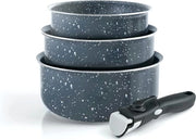Set di cottura in inox 4 pezzi con finitura antiaderente - Set di 3 padelle in alluminio con manico rimovibile - Adatto a tutti i fornelli - Grigio marmo