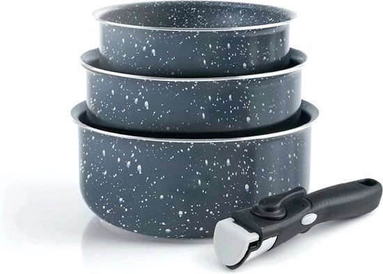 Set di cottura in inox 4 pezzi con finitura antiaderente - Set di 3 padelle in alluminio con manico rimovibile - Adatto a tutti i fornelli - Grigio marmo
