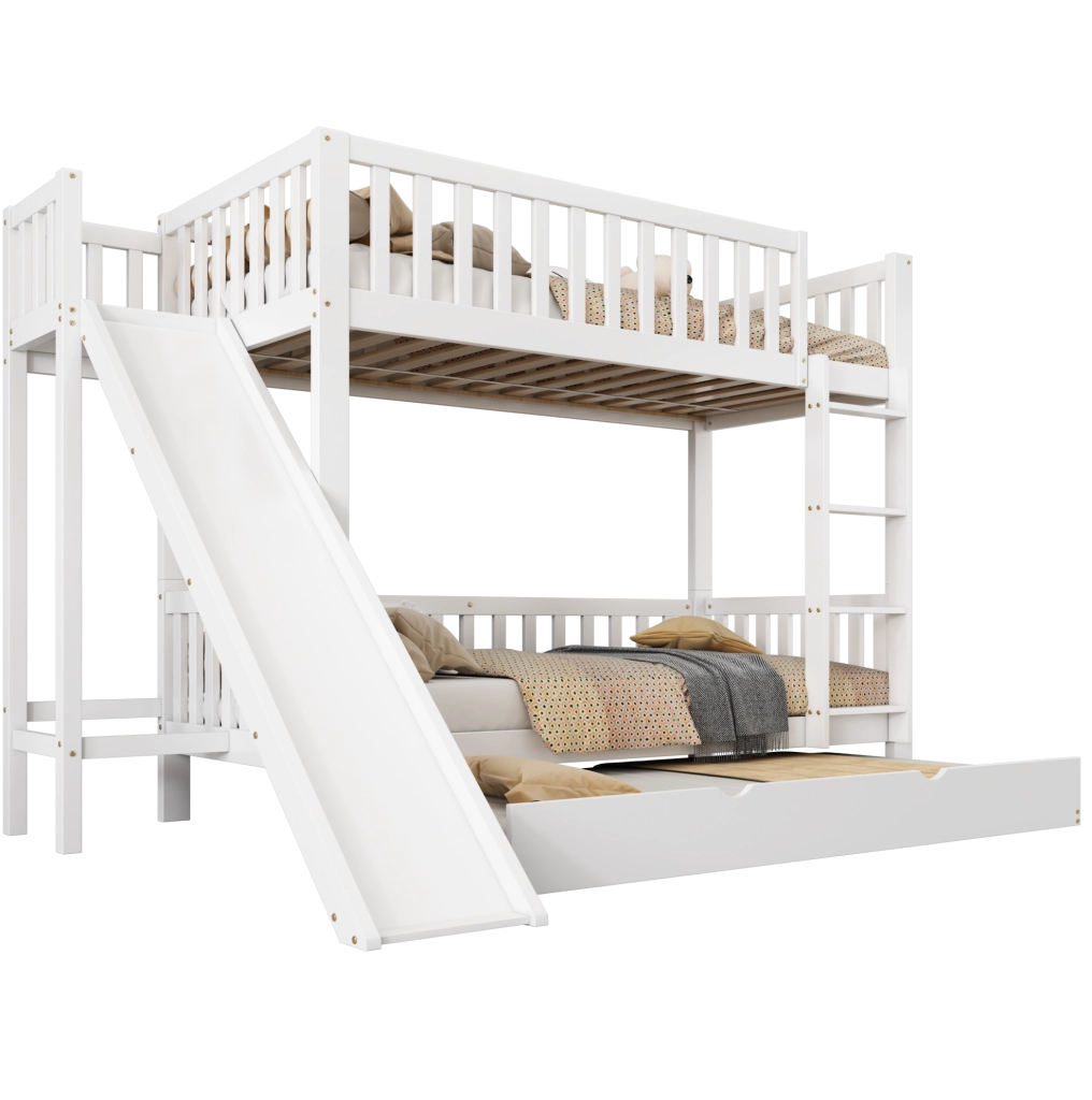 Letto a castello 90x200 cm con letto estraibile e rutsche in legno e MDF bianco