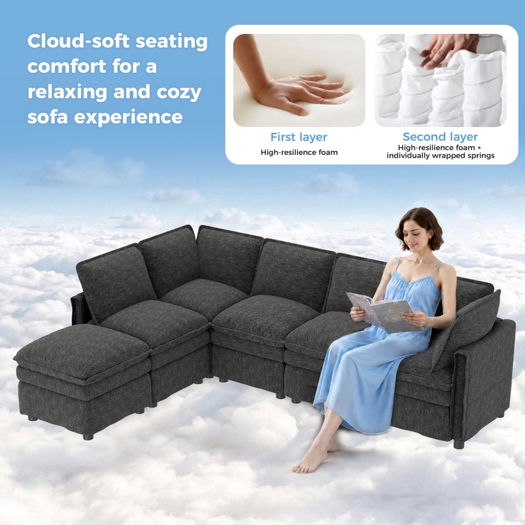 Divano modulare XXL 6 posti con funzione letto e pouf mobile componibile a U o L in chenille grigio 344 × 127 × 91 cm
