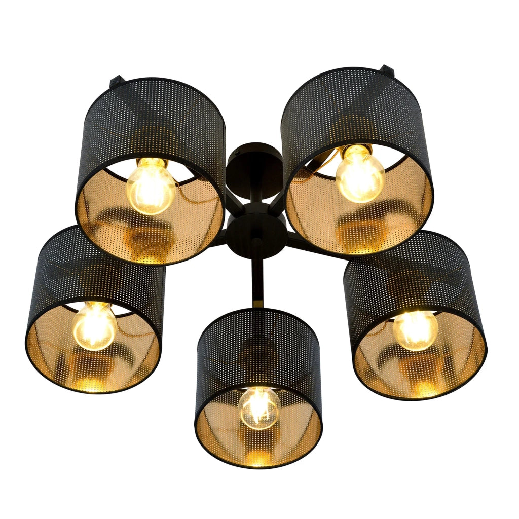 Plafoniera Industrial 5 Luci Cigno In Acciaio Nero E Paralumi A Cilindro Oro