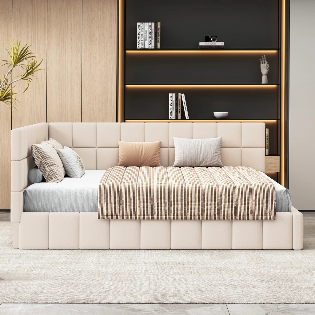 OKWISH Letto Divano 160×200 cm, Letto Matrimoniale con Schienale e Bracciolo, Schienale Reversibile, senza Materasso, Imbottito, Beige