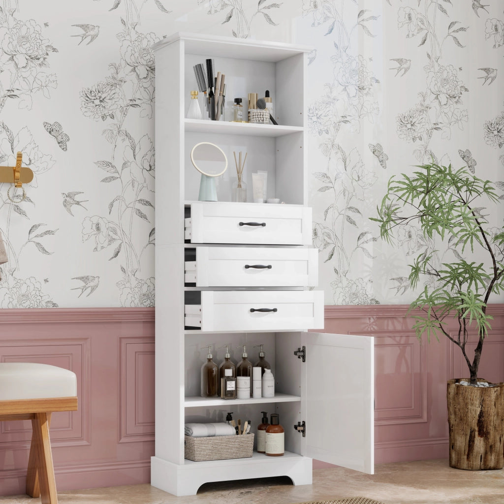 Armadietto da bagno con 1 anta 3 cassetti e vani aperti con ripiani regolabili in MDF bianco 56 × 25,6 × 167 cm
