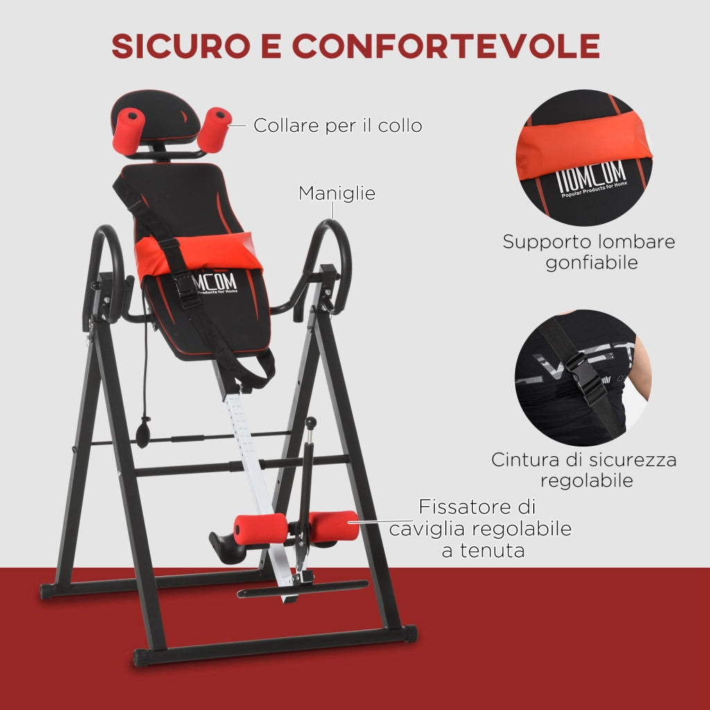 Panca a Inversione con Angolo e Altezza Regolabile e Poggiatesta, in Acciaio e Plastica, 79x114x153 cm, Rosso e Nero