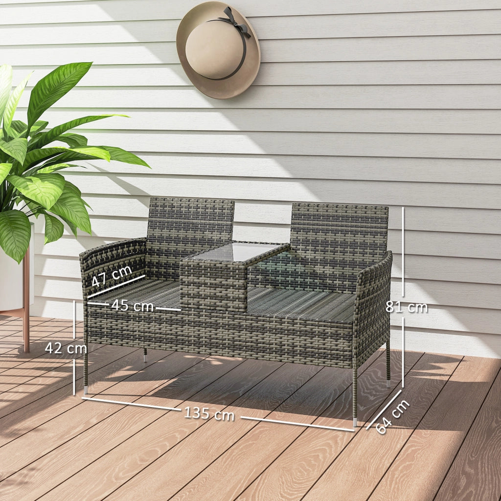 Panchina da Esterno 2 Posti con Tavolino da Caff¨¨, in Acciaio e Rattan PE, 137x59x82 cm, Grigio