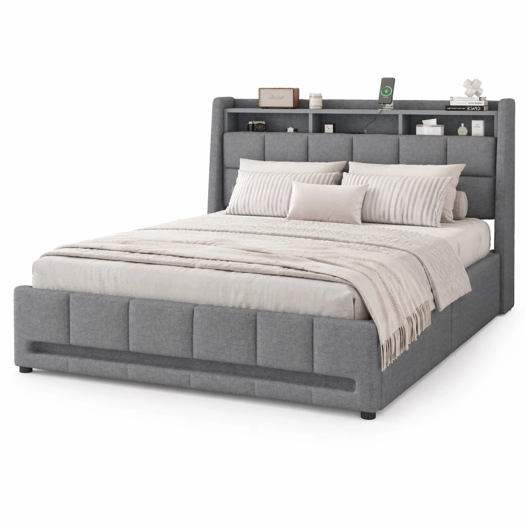 DESMIU Letto Matrimoniale Imbottito 140 × 200 cm con LED, USB, 2 Cassetti e Vano, senza materasso, Grigio