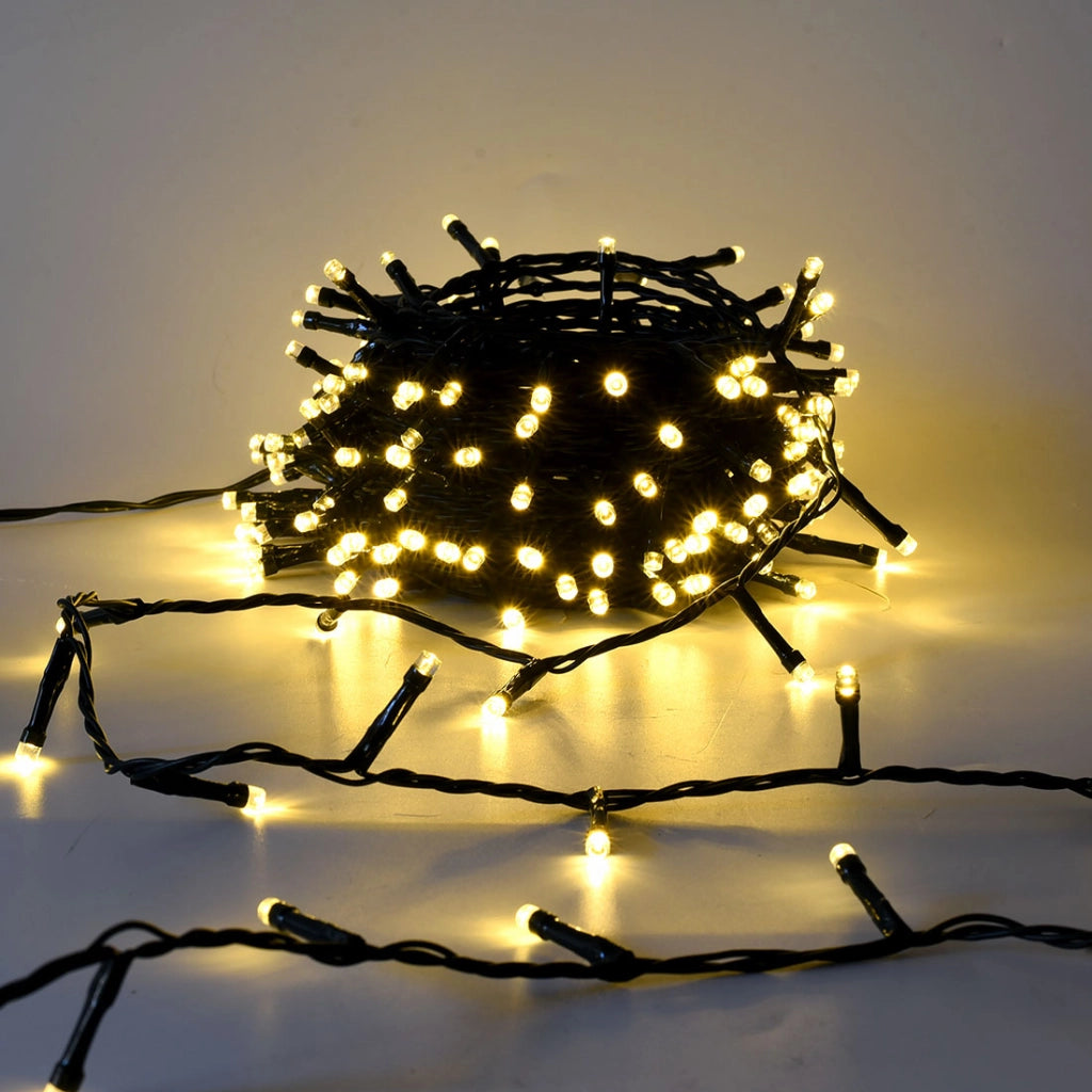 CATENA DI LUCI LED GIALLI LUCE CALDA DA 2000 LED SU 100M DI CAVO VERDE TRASFORMATORE 31V - PER INTERNI ED ESTERNI