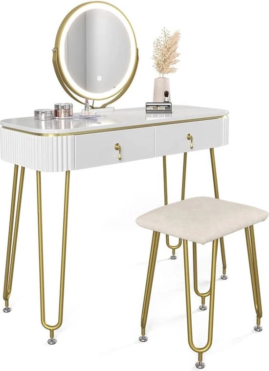 Tavolo da trucco con specchio a LED e sgabello - Bianco alta finitura 100x126 cm